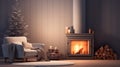 Burning fireplace with Christmas tree in living room interior, winter holidays background illustration. New Year at home