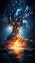 burning and fireproof tree with fire and lava in roots and trunk