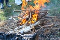 Burning firewood in the bonfire. Flames burning in the grill with smoke. Arson or natural disaster. Royalty Free Stock Photo