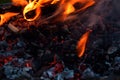 Burning firewood in the bonfire. Flames burning in the grill with smoke. Arson or natural disaster. Texture of fire and flame, dar Royalty Free Stock Photo