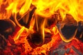 Burning firewood in a bright orange, red flame.Front view.Close up in blur.ÃÂ¡oncept of decoration, fireplace insert, stove,fire as Royalty Free Stock Photo