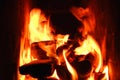 Burning firewood and coals in a stone stove. Brick oven on wood. Long tongues of flame of burning fire Royalty Free Stock Photo