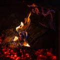 Burning Firewood in Cozy Hearth: Flames Flickering in Rustic Fireplace Royalty Free Stock Photo