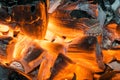 Burning firewood in the fireplace close up, BBQ fire, burning charcoal background, barbeque grill. Royalty Free Stock Photo