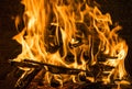 Burning firewood in the fireplace close up, BBQ fire, charcoal background.