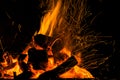 Burning firewood in the fireplace close up, BBQ fire, charcoal background. Charcoal fire with sparks. Royalty Free Stock Photo