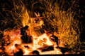 Burning firewood in the fireplace close up, BBQ fire, charcoal background. Charcoal fire with sparks. Royalty Free Stock Photo