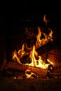 Burning firewood in the fireplace closeup, glowing logs, fire and flames. Royalty Free Stock Photo