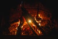 Burning firewood in the fireplace closeup, glowing logs, fire and flames. Royalty Free Stock Photo