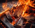 Burning Firewood Glowing Logs Fire and Flames Close Up Royalty Free Stock Photo