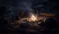 Burning firewood heats the campfire on the mountain at night generated by AI