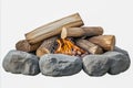 Burning firewood logs in a stone fire pit outdoor camping scene with natural flames Royalty Free Stock Photo