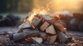Burning firewood for a peaceful campfire in the serene outdoor recreation concept
