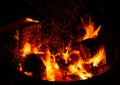 Burning firewood with sparks close-up in the dark Royalty Free Stock Photo