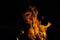 Burning flame or fire isolated on black background. stack of thermal energy close-up, red and yellow, heat energy igniting fuel