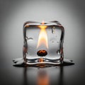 Burning Flame Inside a Melting Ice Cube on Black Surface with water droplets and studio lighting, showcasing the paradox of fire Royalty Free Stock Photo