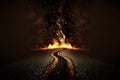 burning flames on a damp, lengthy road in an abstract black background Royalty Free Stock Photo