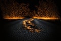 burning flames on a damp, lengthy road in an abstract black background Royalty Free Stock Photo