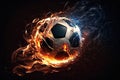 Burning flying soccer ball on fire with sparks on dark background. Generative AI Royalty Free Stock Photo