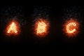 Burning font a, b, c, fire word text with flame and smoke on black background, concept of fire heat alphabet decoration Royalty Free Stock Photo