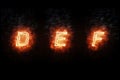 Burning font d, e, f, fire word text with flame and smoke on black background, concept of fire heat alphabet decoration Royalty Free Stock Photo