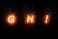 Burning font g, h, i, fire word text with flame and smoke on black background, concept of fire heat alphabet decoration