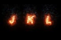 Burning font j, k, l, fire word text with flame and smoke on black background, concept of fire heat alphabet decoration