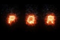 Burning font p, q, r, fire word text with flame and smoke on black background, concept of fire heat alphabet decoration Royalty Free Stock Photo