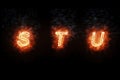 Burning font s, t, u, fire word text with flame and smoke on black background, concept of fire heat alphabet decoration