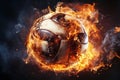 burning football soccer ball on fire is flying on black isolated background. Sport burn element concept Royalty Free Stock Photo