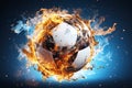 burning football soccer ball on fire is flying on blue isolated background. Sport burn element concept Royalty Free Stock Photo