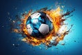 burning football soccer ball on fire is flying on blue isolated background. Sport burn element concept Royalty Free Stock Photo