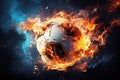 burning football soccer ball on fire is flying on dark background. Sport burn element concept Royalty Free Stock Photo