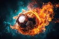 burning football soccer ball on fire is flying on dark background. Sport burn element concept Royalty Free Stock Photo