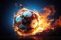 burning football soccer ball on fire is flying on dark background. Sport burn element concept Royalty Free Stock Photo