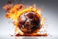 burning football soccer ball on fire is flying on white background. Sport burn element concept Royalty Free Stock Photo