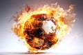 burning football soccer ball on fire is flying on white background. Sport burn element concept Royalty Free Stock Photo