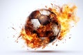 burning football soccer ball on fire is flying on white isolated background. Sport burn element concept Royalty Free Stock Photo