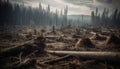 Burning forest, damaged environment, destroyed timber, fallen trees, air pollution generated by AI