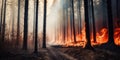 A burning forest, emphasizing the consequences of unchecked wildfires and climate change, concept of Environmental