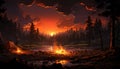 Burning forest, fire inferno, glowing sunset, spooky mystery in nature generated by AI