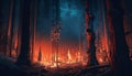 Forest fire, fire destroys trees, natural disaster