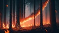 Forest fire, fire destroys trees, natural disaster