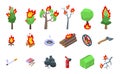 Burning forest icons set, isometric style