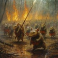 Burning forest, raining, capybara soldiers attacking armadillo army AI generative Royalty Free Stock Photo