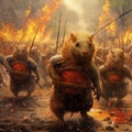 Burning forest, raining, capybara soldiers attacking armadillo army AI generative Royalty Free Stock Photo