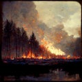 Burning forest spruces in fire flames, nature disaster concept  illustration, poster danger, careful with fires in the woods Royalty Free Stock Photo
