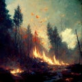 Burning forest spruces in fire flames, nature disaster concept  illustration, poster danger, careful with fires in the woods Royalty Free Stock Photo