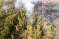 Burning forest top view. White smoke comes from coniferous trees. problem of forest fires in summer. natural disaster Royalty Free Stock Photo