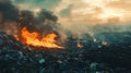 Burning Garbage Pile With Smoke and Flames Against a Cloudy Sunset Sky Royalty Free Stock Photo
